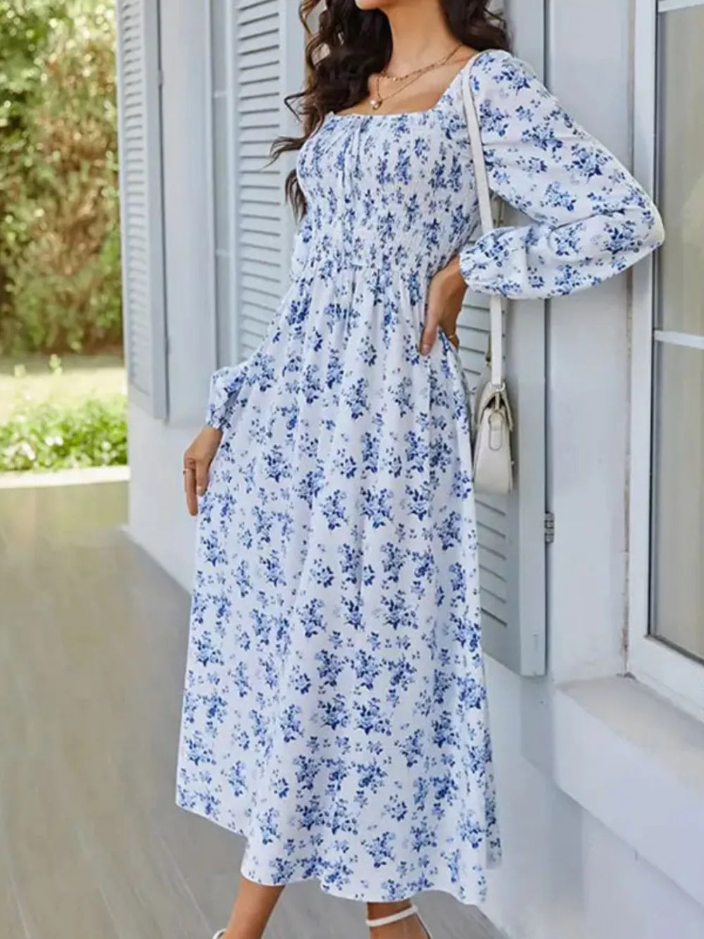 Smocked Floral Square Neck Midi Dress