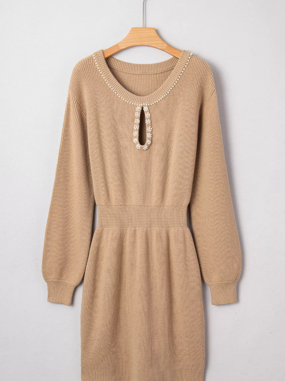 Pearl Embellished Keyhole Sweater Dress in Camel