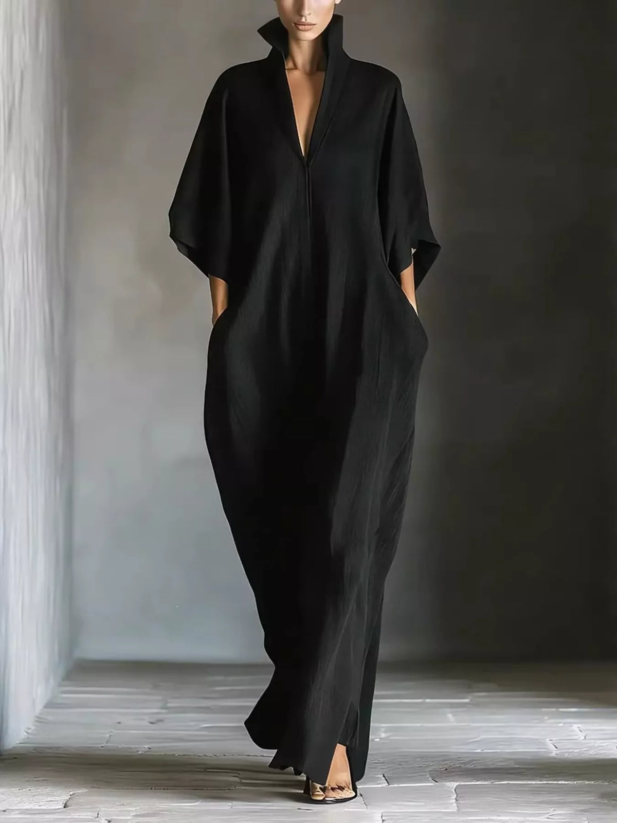 3/4 Sleeve Maxi Dress with Pockets in Black