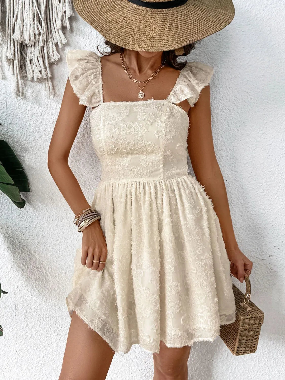Cutout Cap Sleeve Mini Cami Dress in Cream
