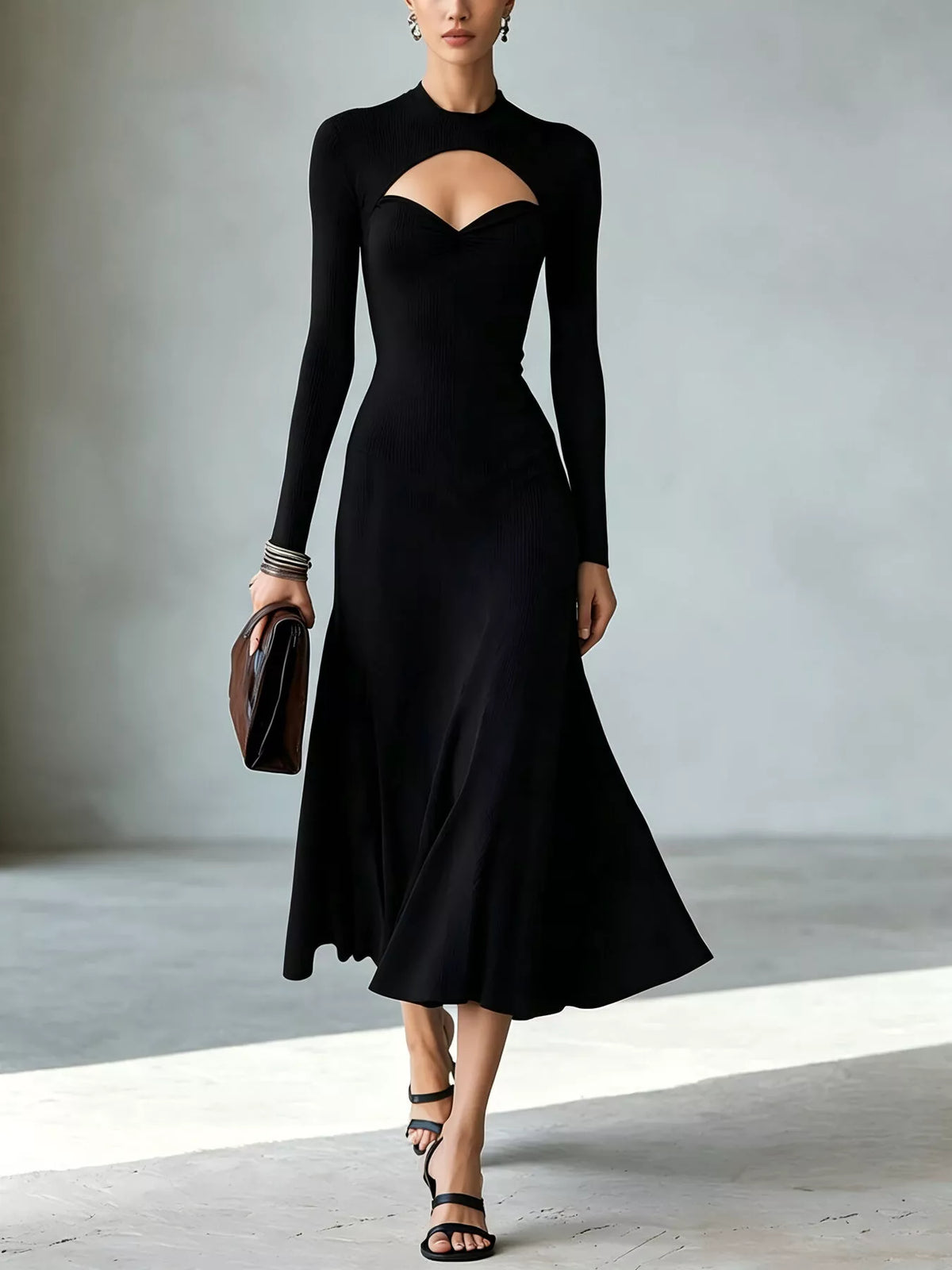 Mock Neck Cut-Out Long Sleeve Midi Dress