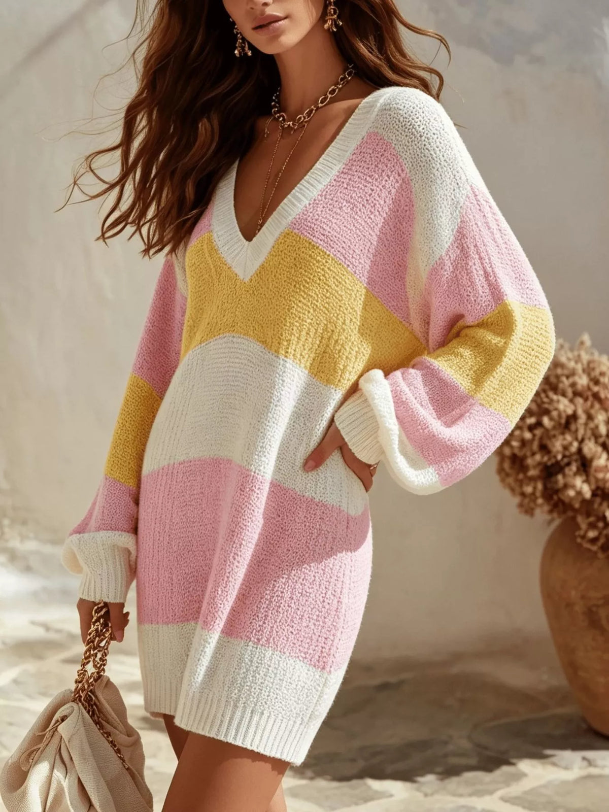 Color Block V-Neck Sweater Dress in Pink