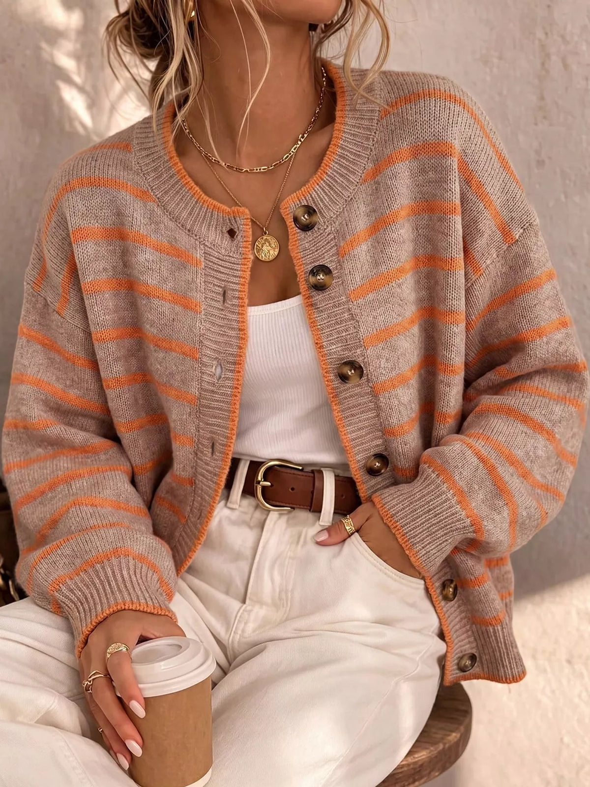 Striped Button-Front Knit Cardigan
