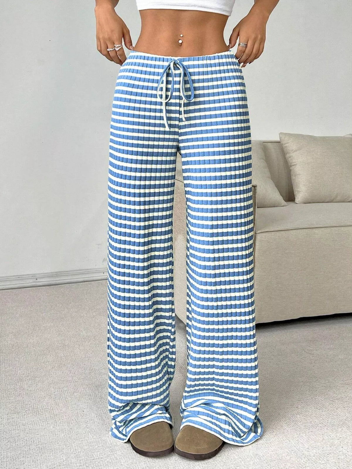 Ribbed Knit Drawstring Wide-Leg Pants