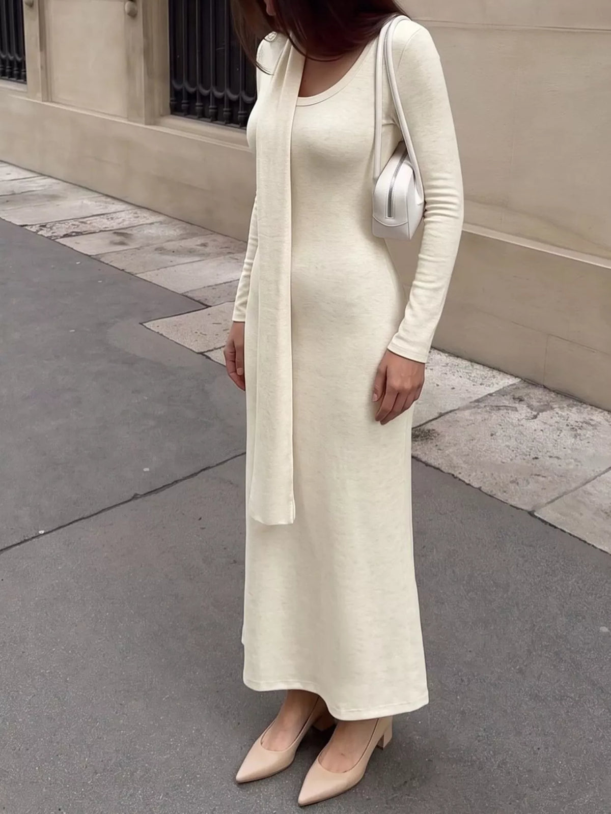 Round Neck Knit Maxi Dress with Scarf in Apricot