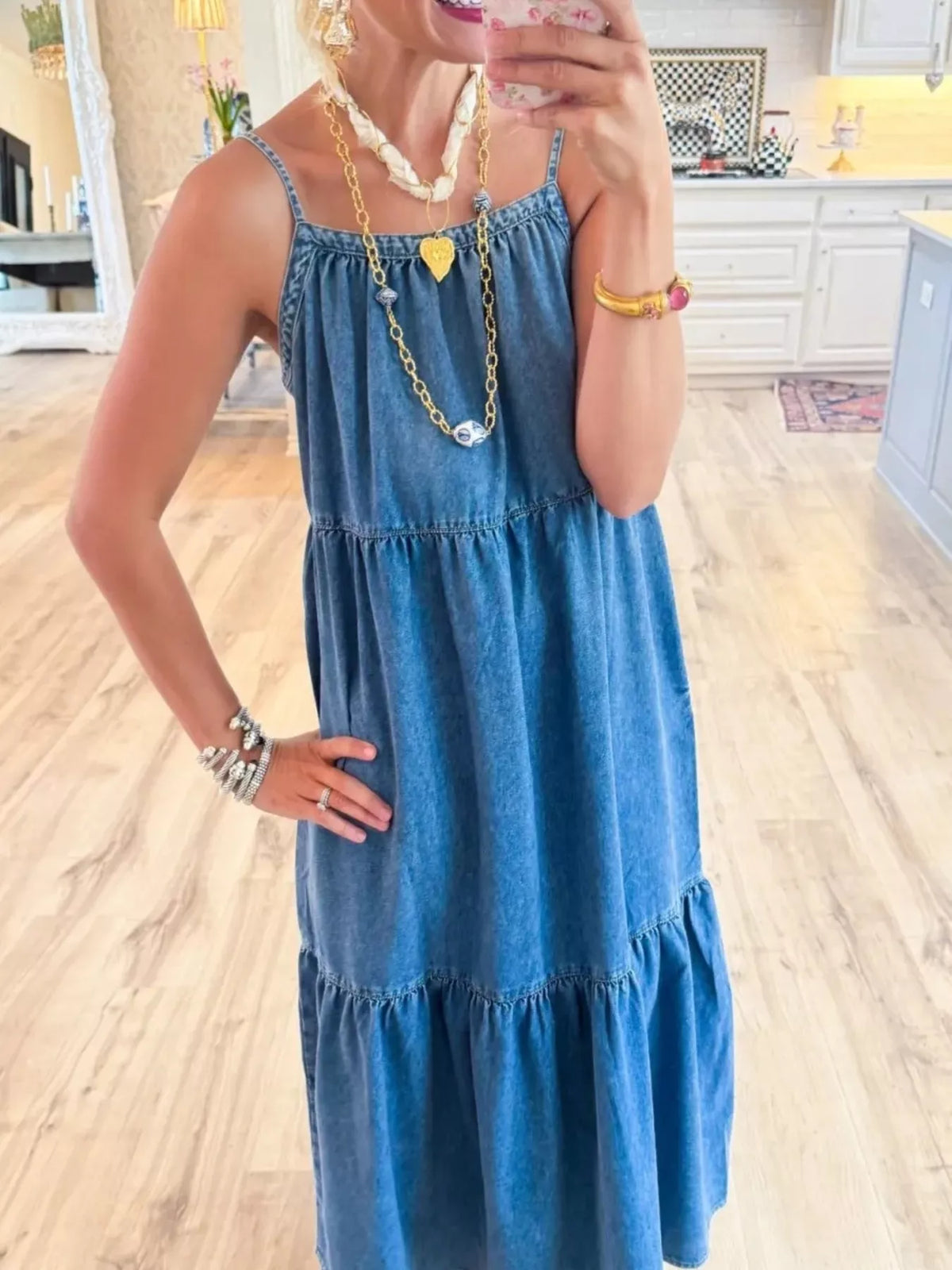 Tiered Ruffle Hem Denim Dress in Blue