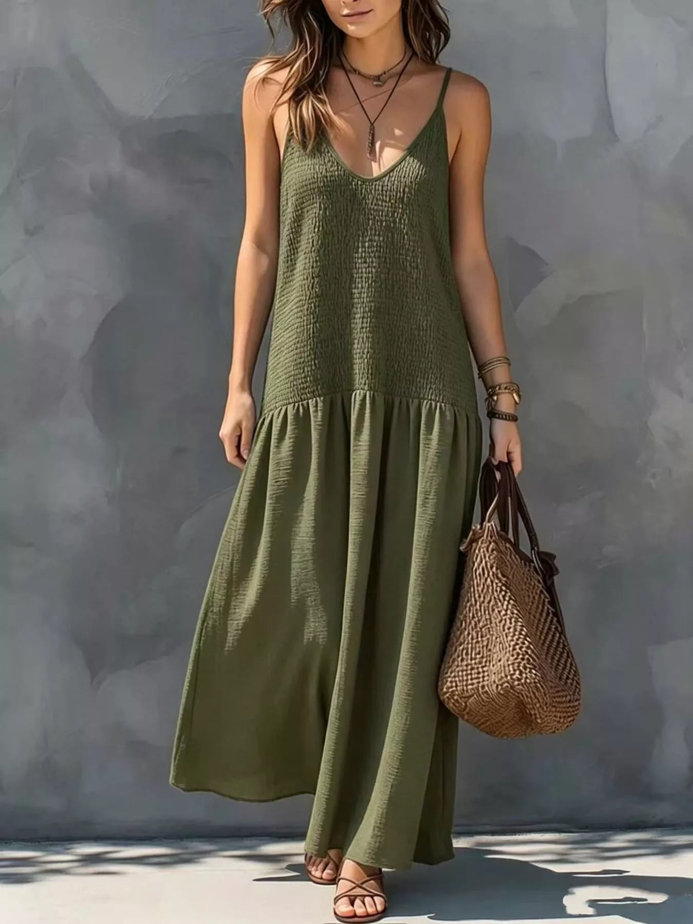 Smocked V-Neck Maxi Dress
