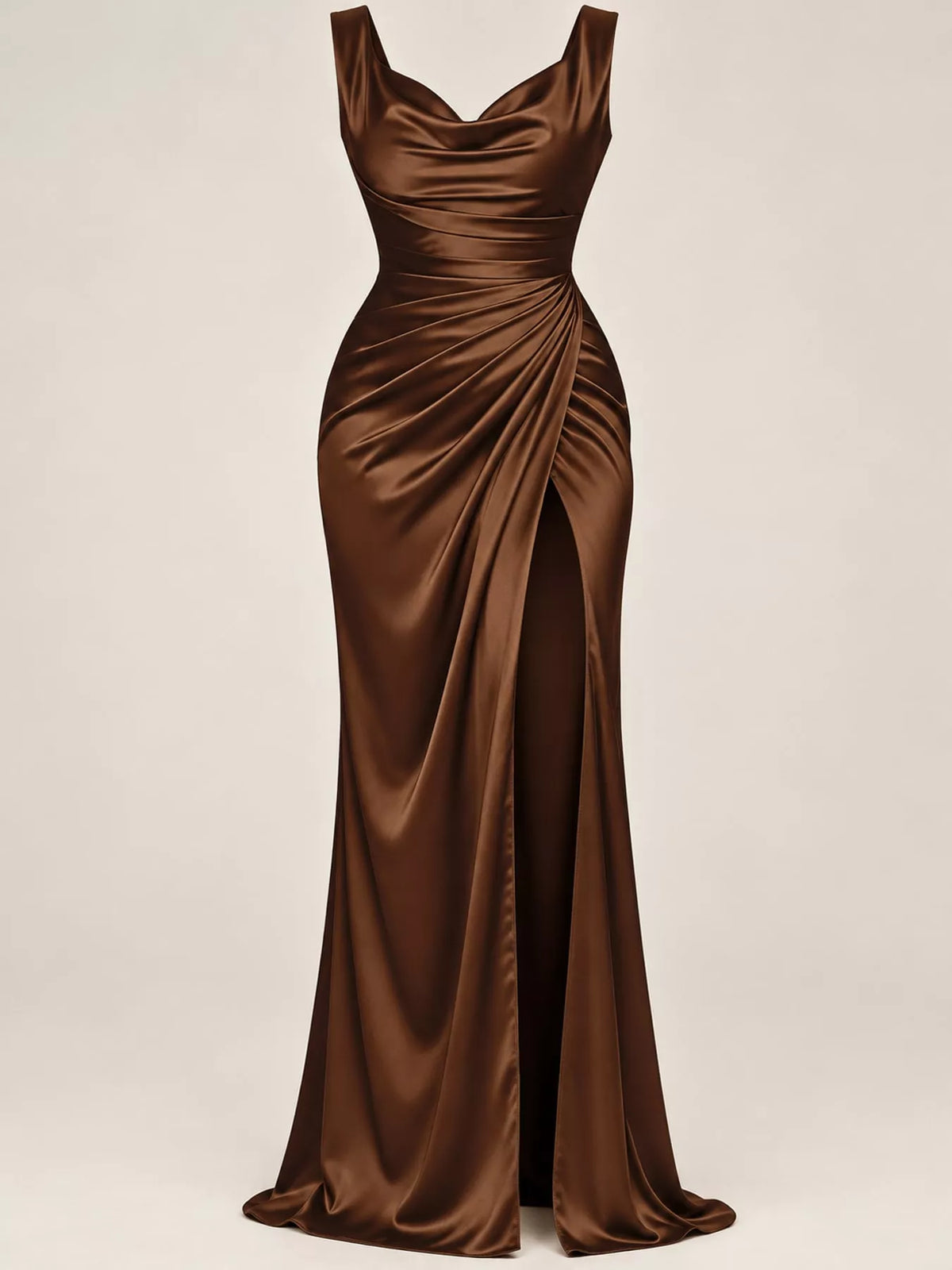 Satin Cowl Neck High-Slit Evening Maxi Dress