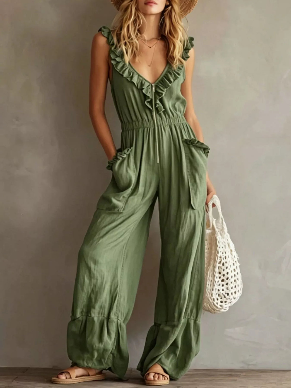 Ruffled V-Neck Jumpsuit with Pockets