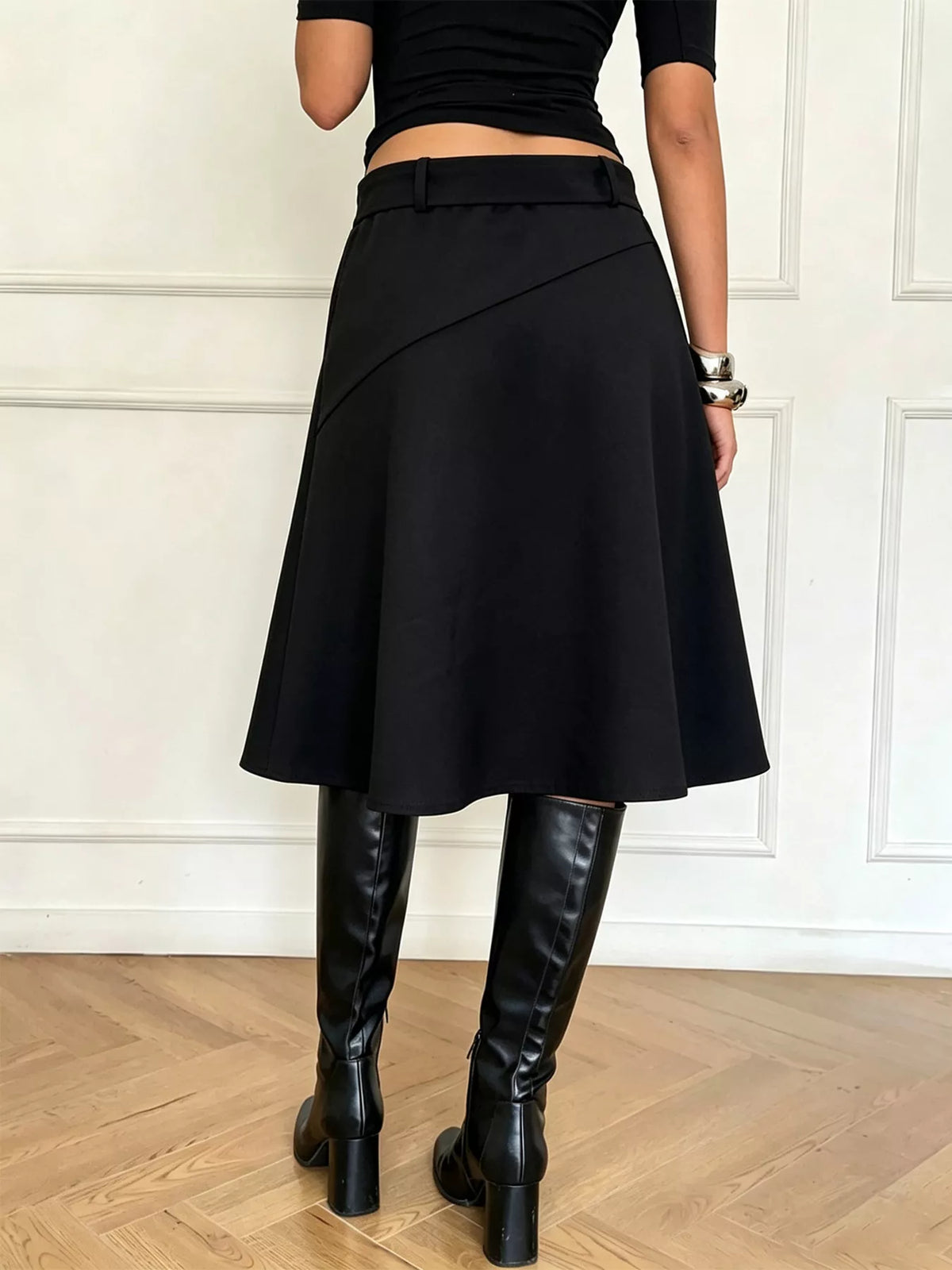 High-Waisted A-Line Midi Skirt in Black