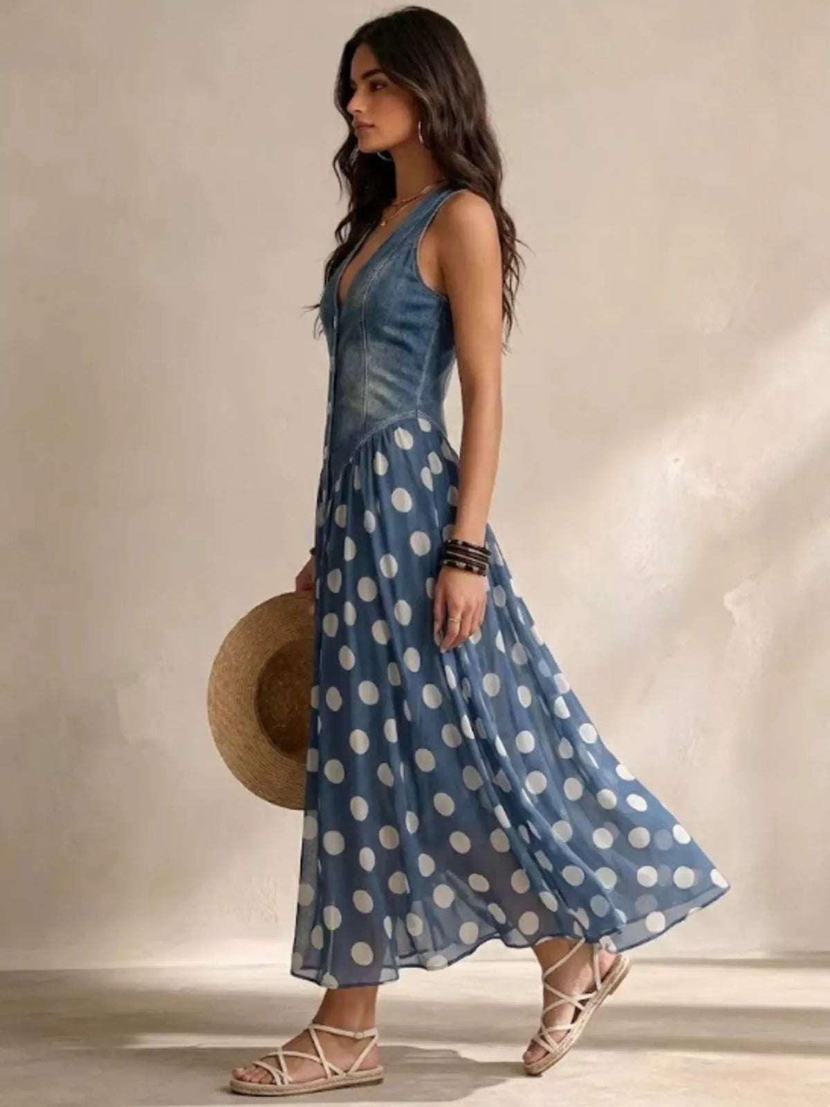 Polka Dot Medium Wash Denim Maxi Dress