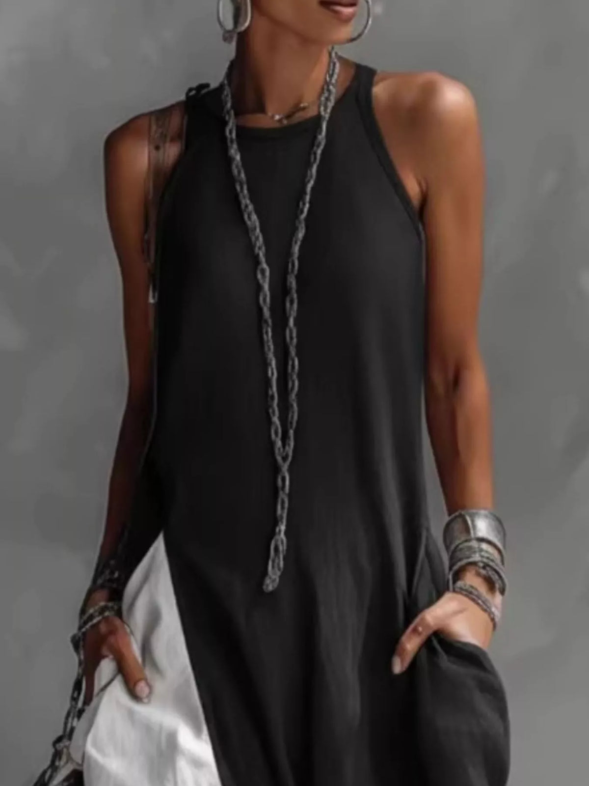 Two-Tone Sleeveless Maxi Dress with Pockets