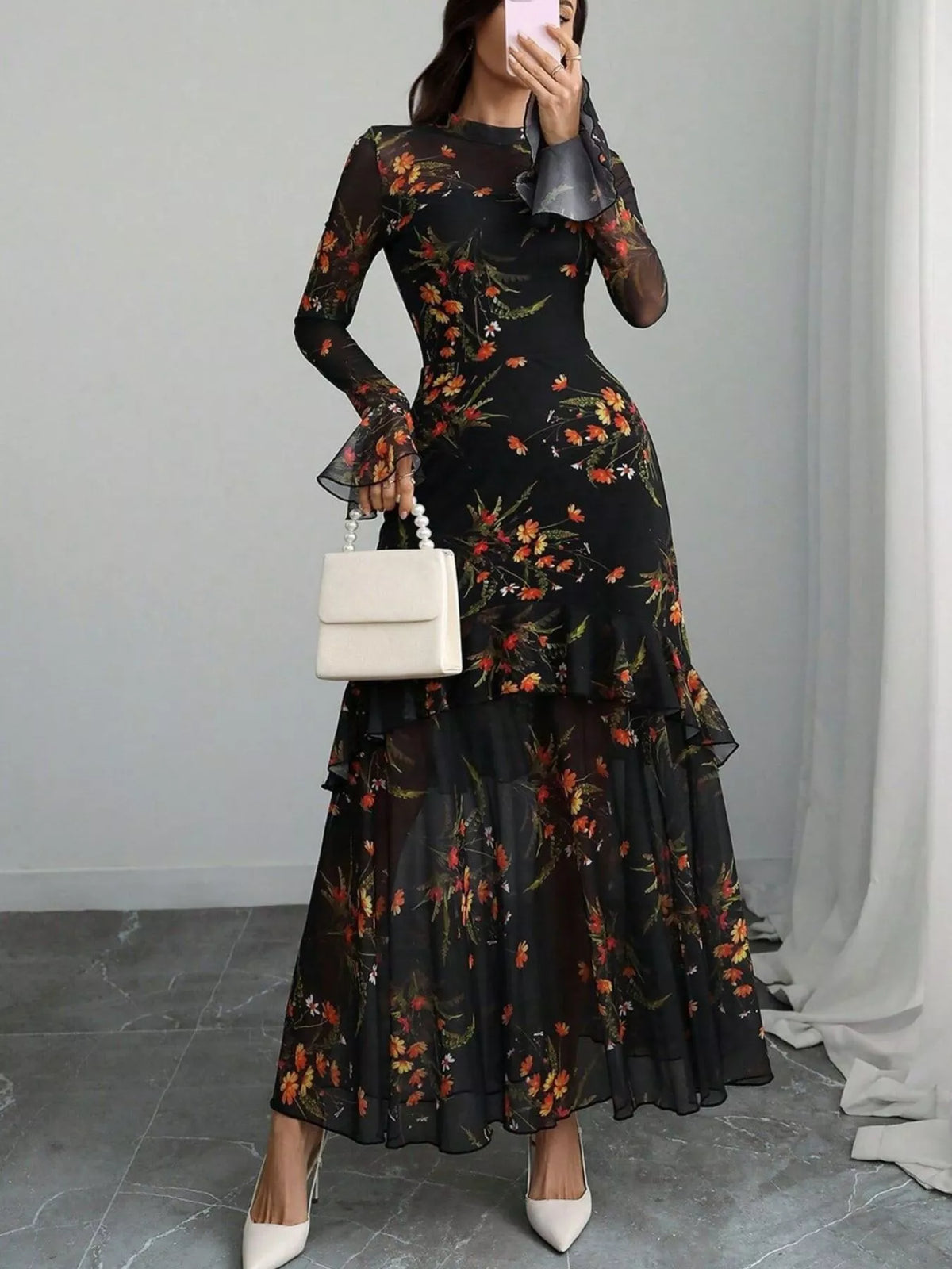 Flounce Sleeve Floral Mermaid Maxi Dress