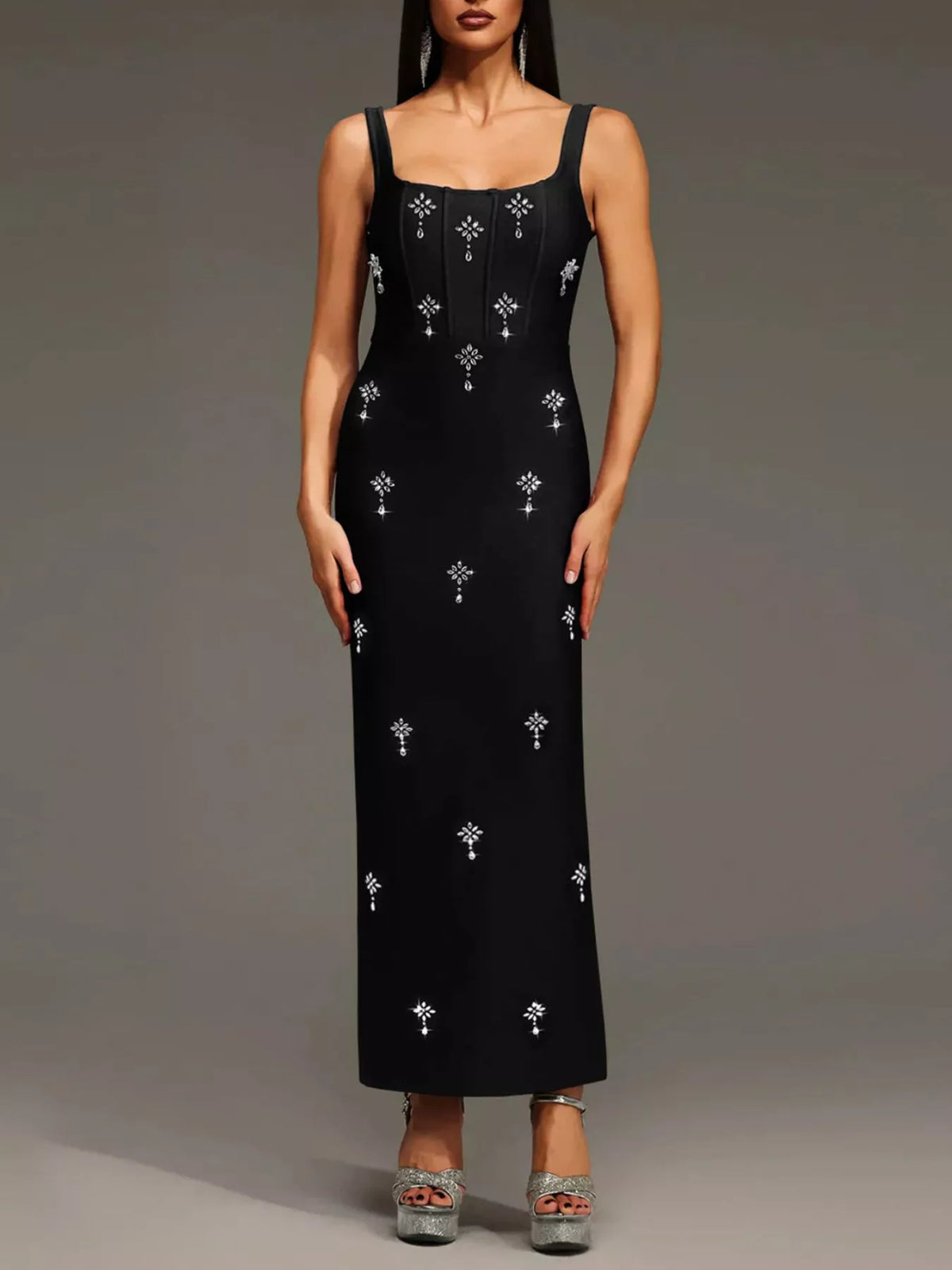 Rhinestone Bodycon Maxi Dress in Black