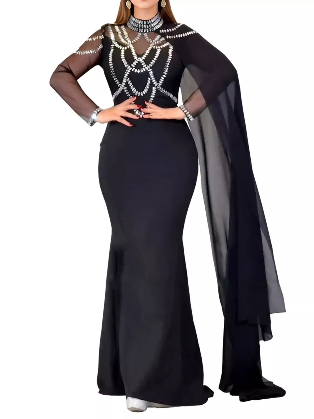 Rhinestone Cape Sleeve Maxi Dress