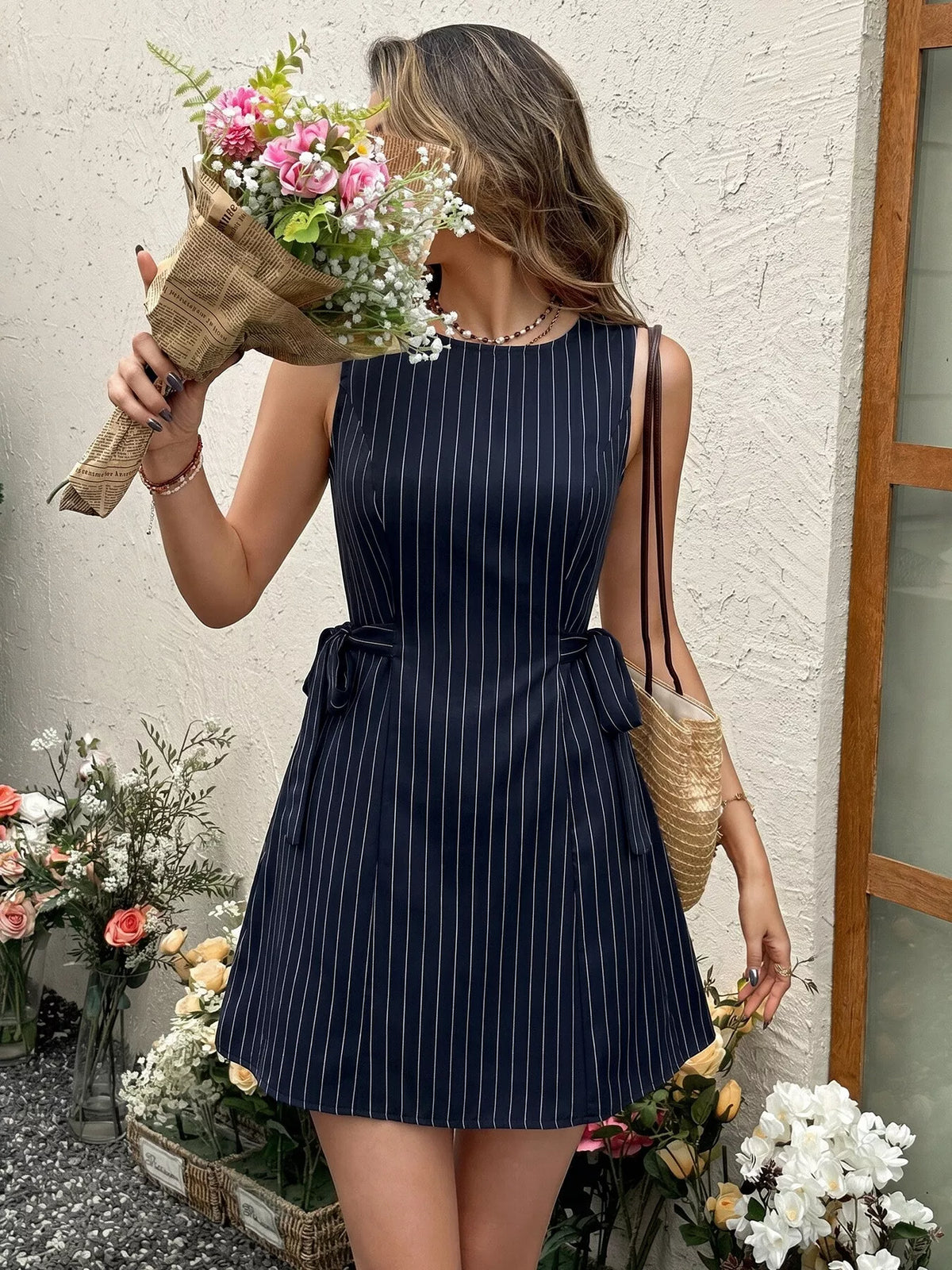 Striped Tie-Waist Dress in Navy Blue