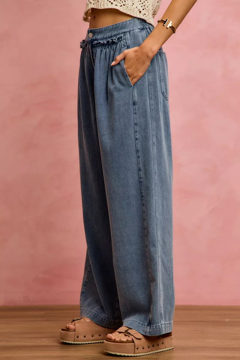 So Me Ruffled Front Wide Leg Jeans in Denim