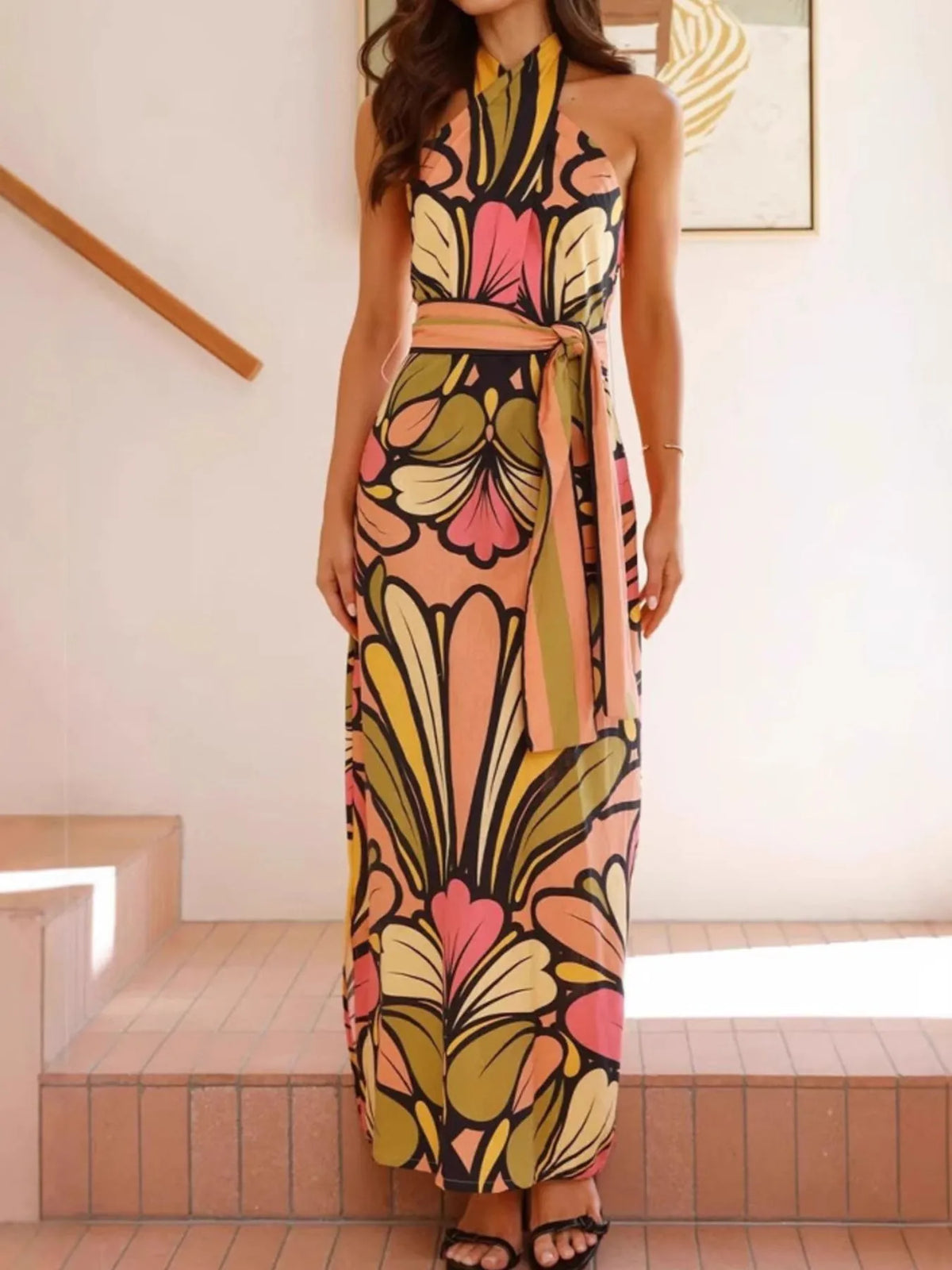Printed Halter Maxi Dress in Multicolor