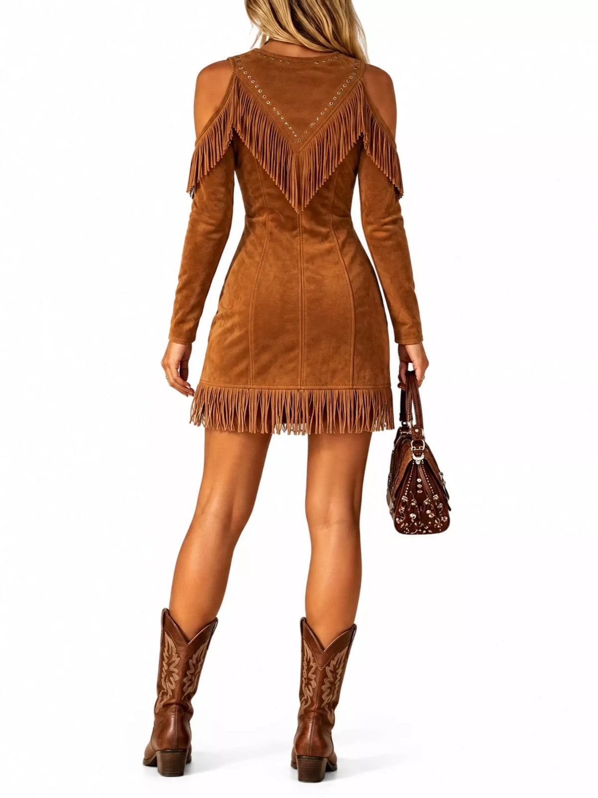 Fringed Cold-Shoulder Zip-Front Mini Dress