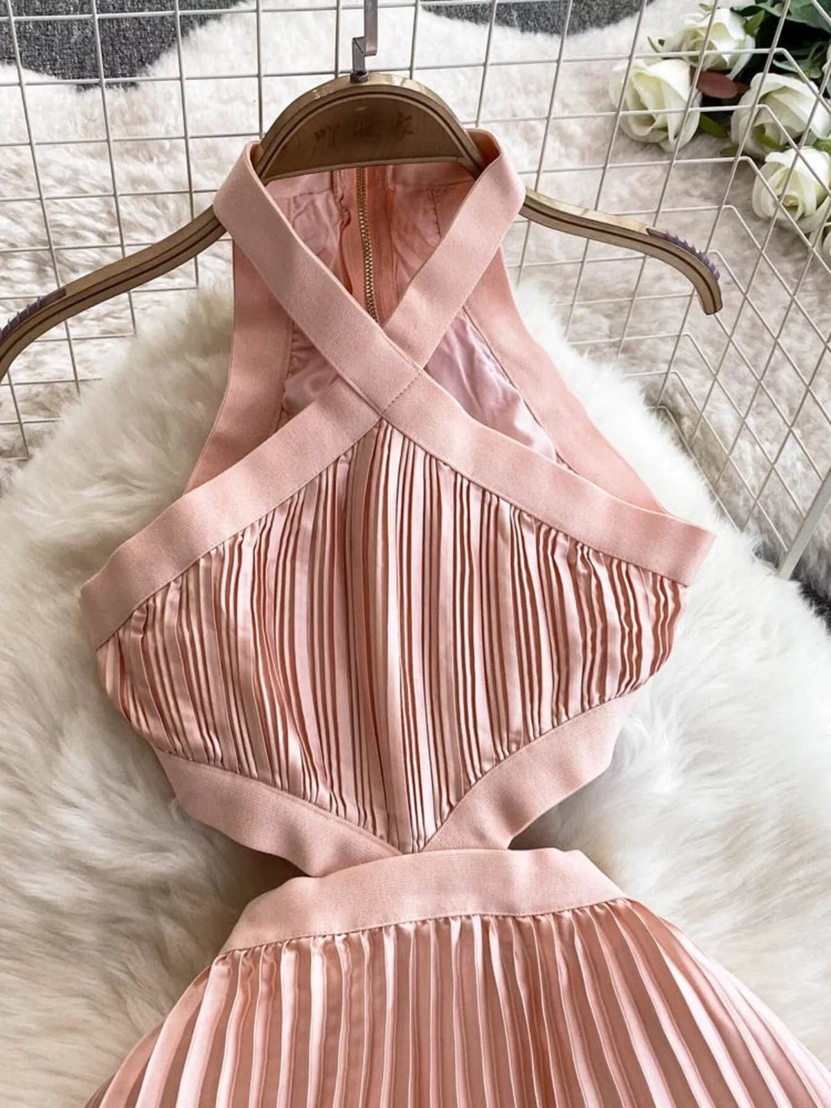 Halter Neck Pleated Maxi Dress in Watermelon Pink