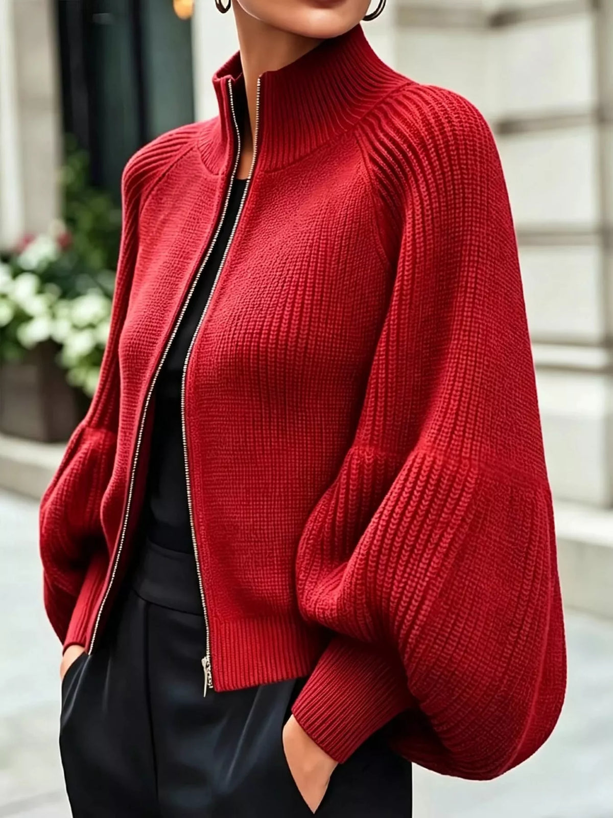 Ribbed Knit Zip-Up Cardigan with Lantern Sleeves