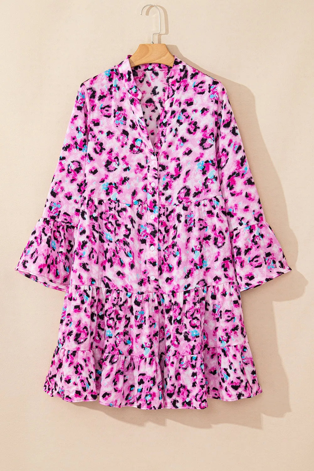 Leopard Print Buttoned Tiered Ruffle Dress