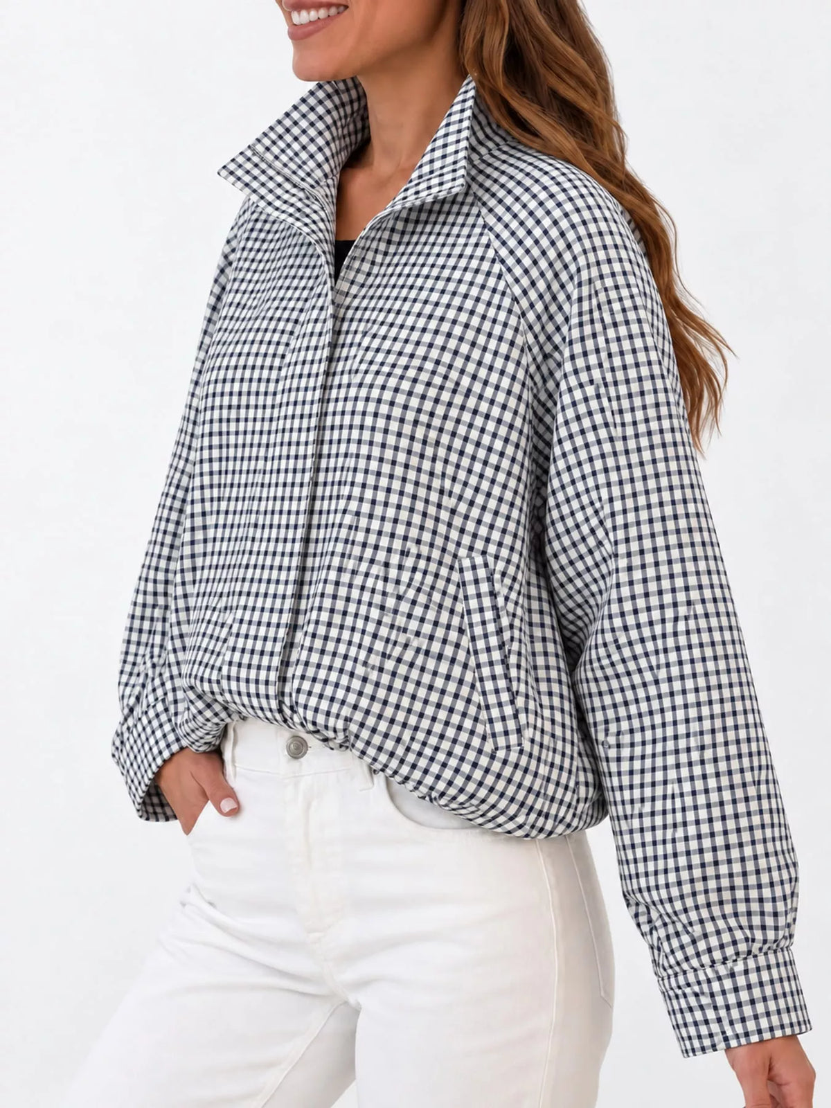 Plaid Stand-Collar Cropped Jacket