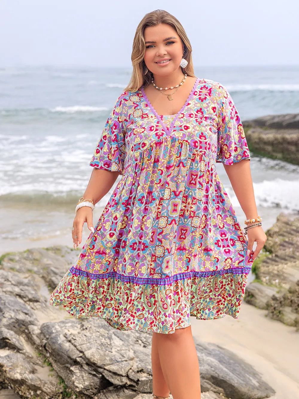 Lace Detail Printed Half Sleeve Dress in Heliotrope Purple