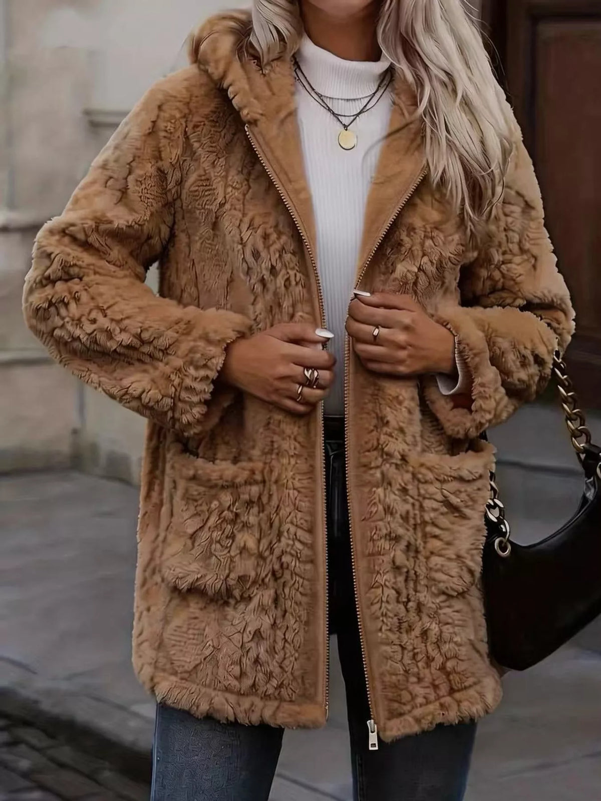 Faux Fur Hooded Zip-Up Jacket in Ocean Blue