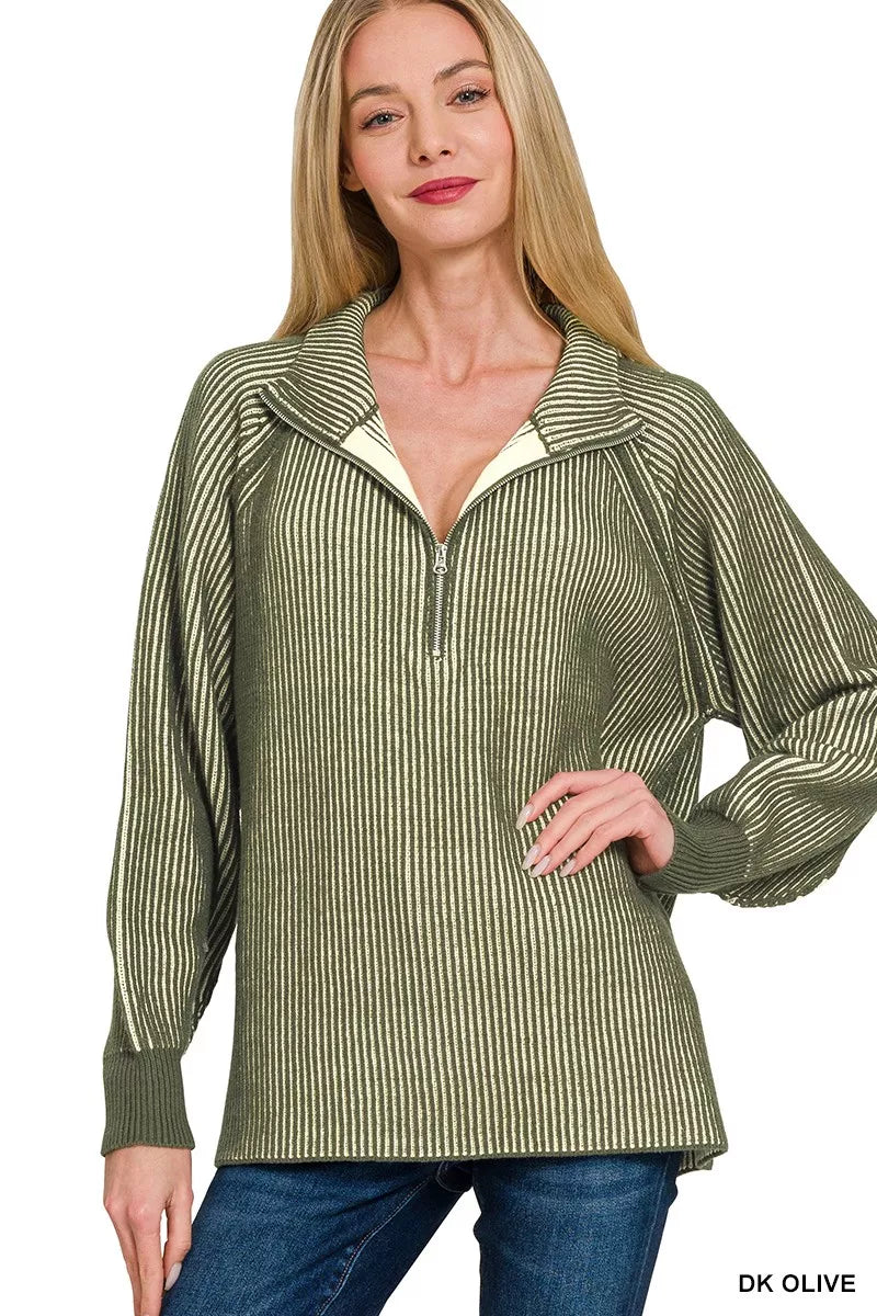 Zenana Two Tone Half Zip Sweater in Dark Olive in Dk olive