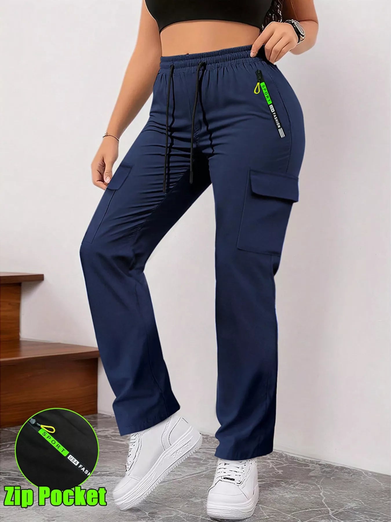 Drawstring Cargo Pants with Zip Pocket
