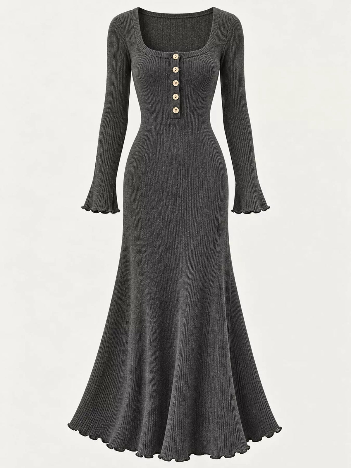 Button-Front Ribbed Knit Maxi Dress