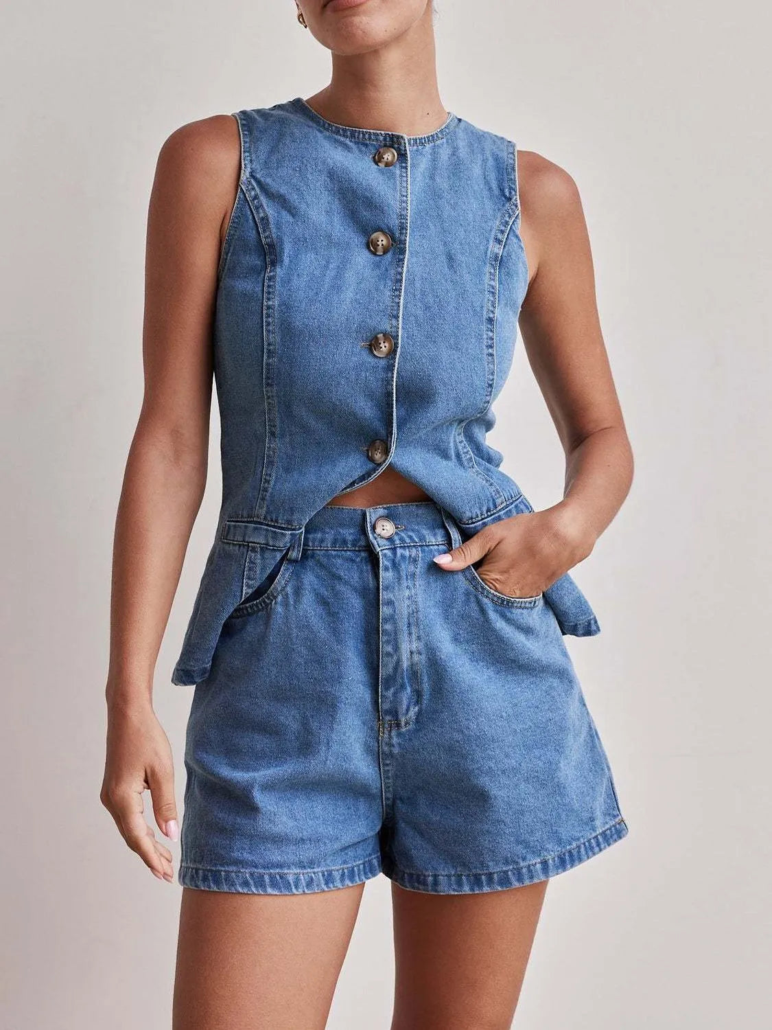 Button-Down Vest and Shorts Denim Set