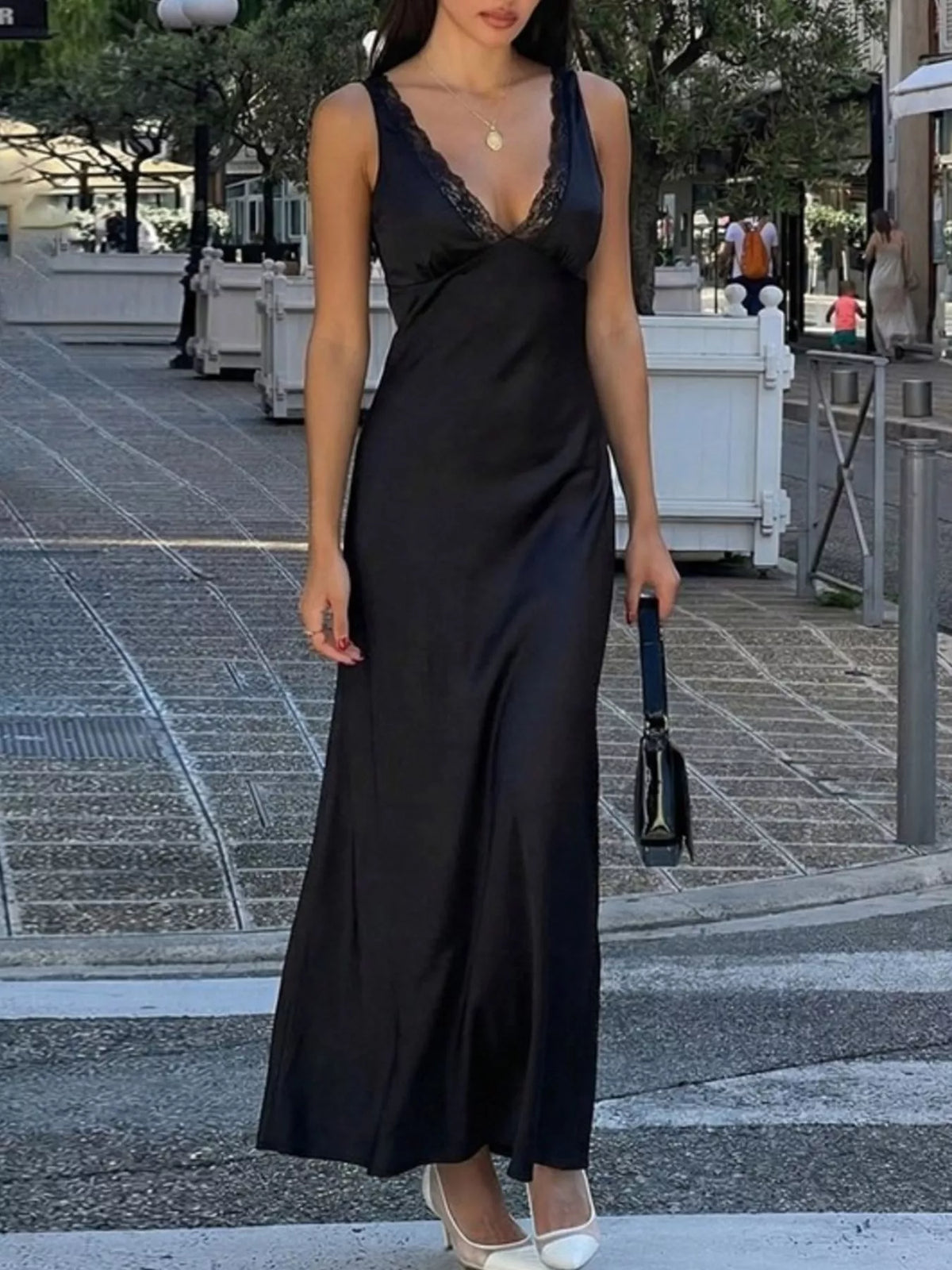 Lace Trim V-Neck Sleeveless Maxi Dress in Black