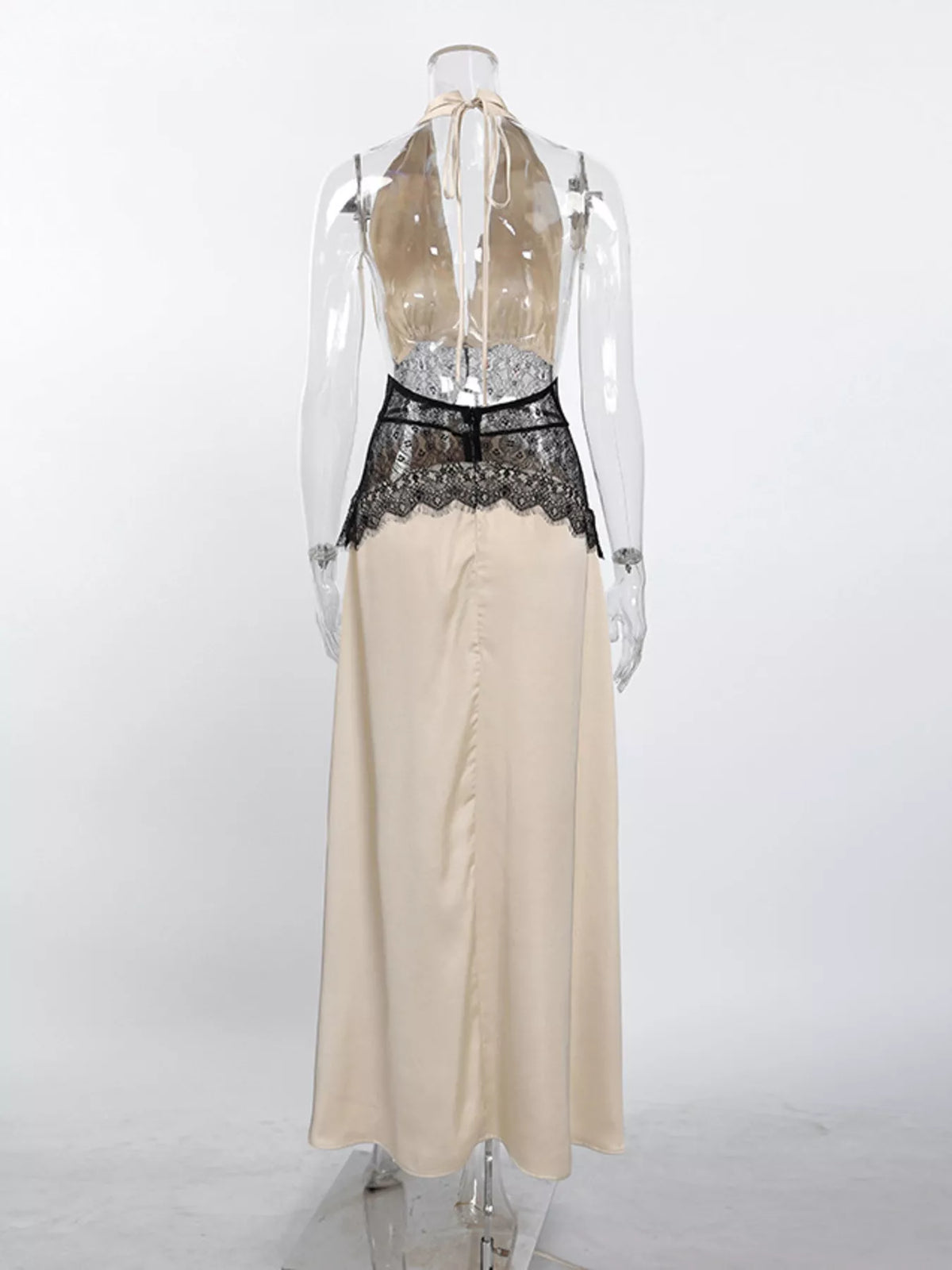 Halter Neck Lace Maxi Dress in Khaki in Khaki Color