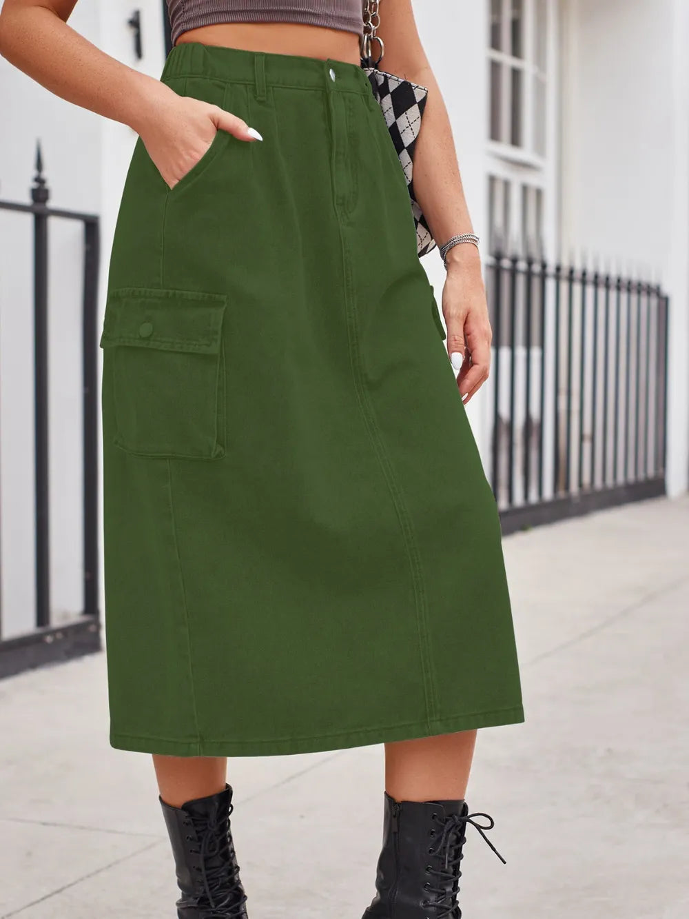 Slit Buttoned Denim Skirt with Pockets by Manny