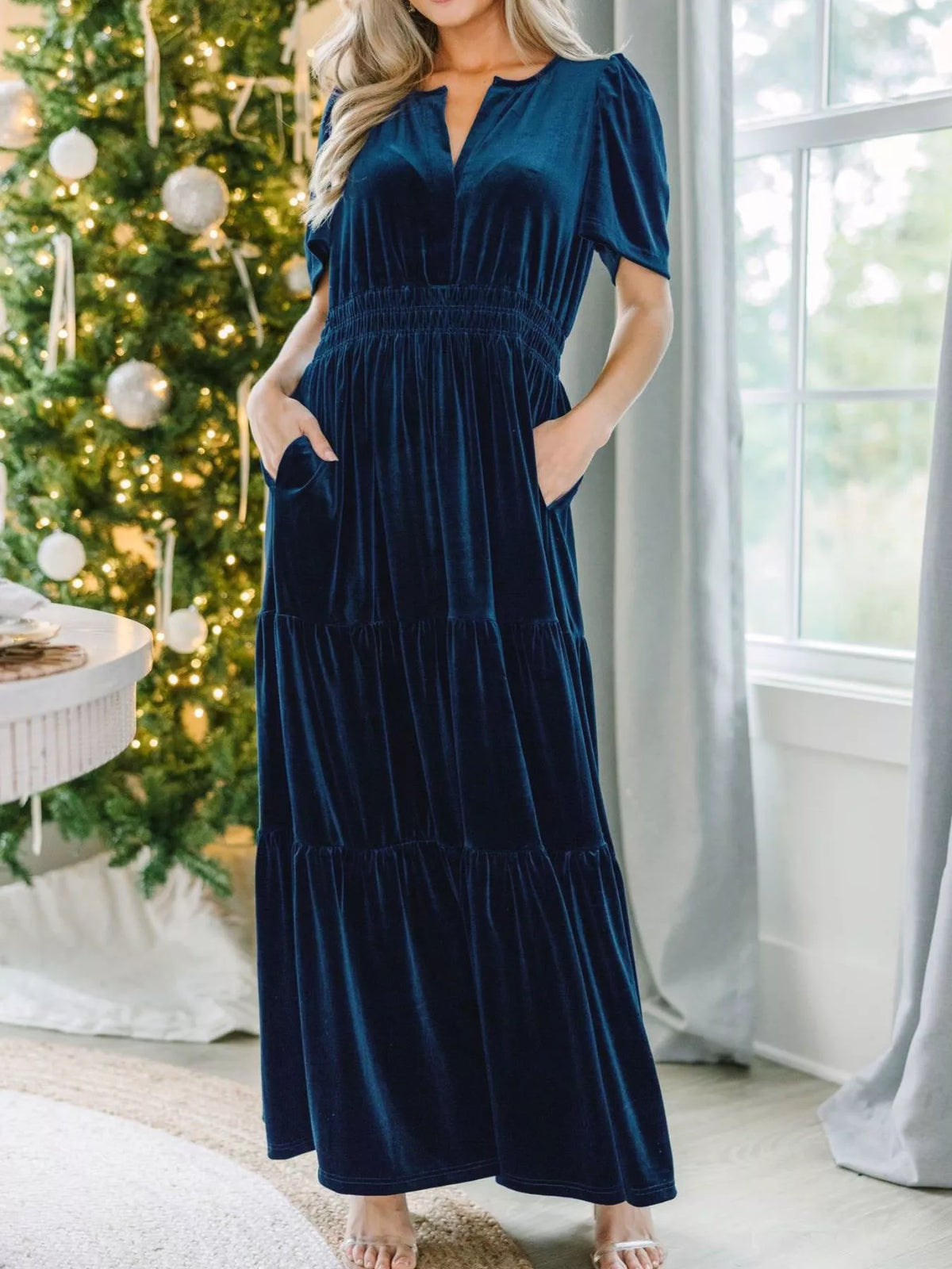 Velvet Tiered Short Sleeve Maxi Dress