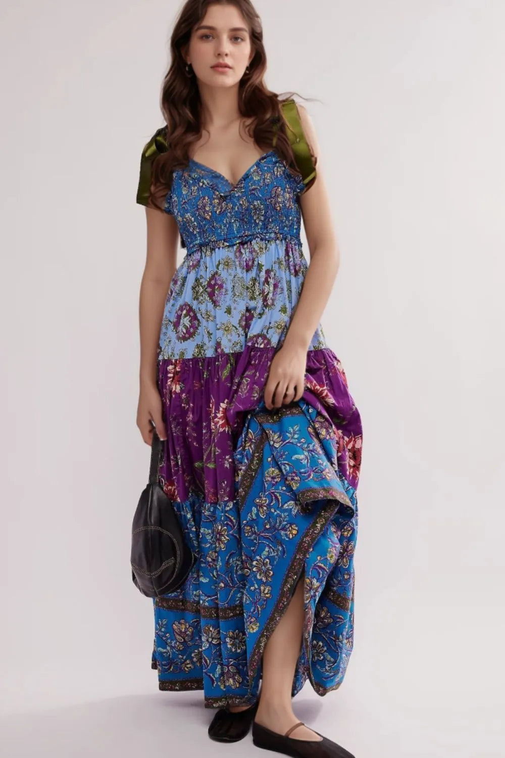 Floral Tiered Maxi Dress with Mixed Print
