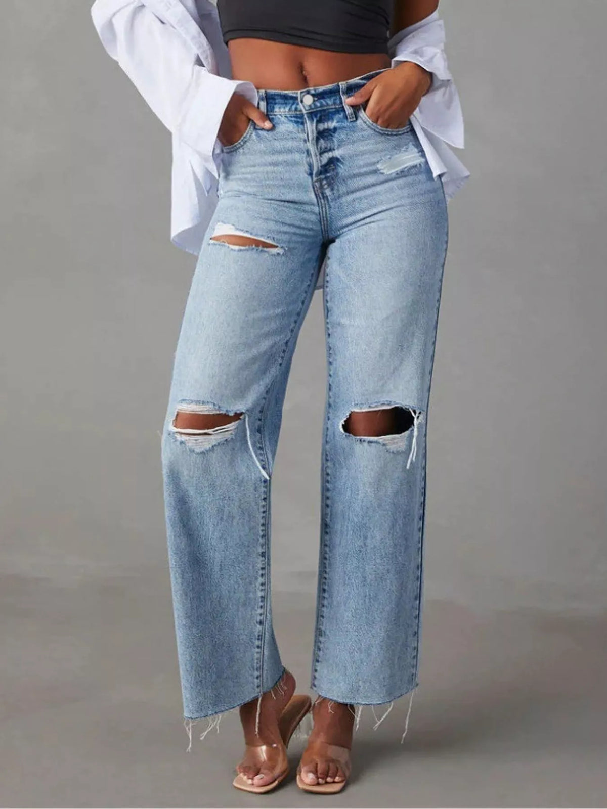 High-Waisted Distressed Jeans in Blue