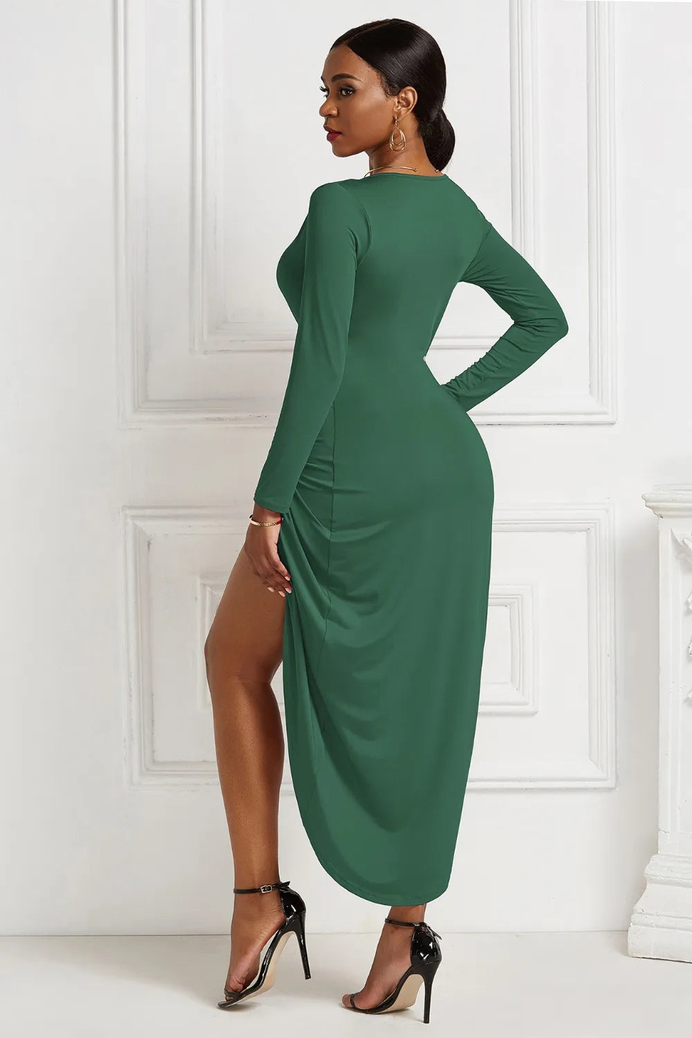 Ruched Surplice Long Sleeve High-Low Dress