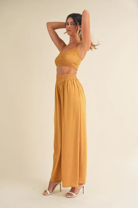 Smocked Bralette Crop Top & Wide Leg Pants Set in Gold Mustard