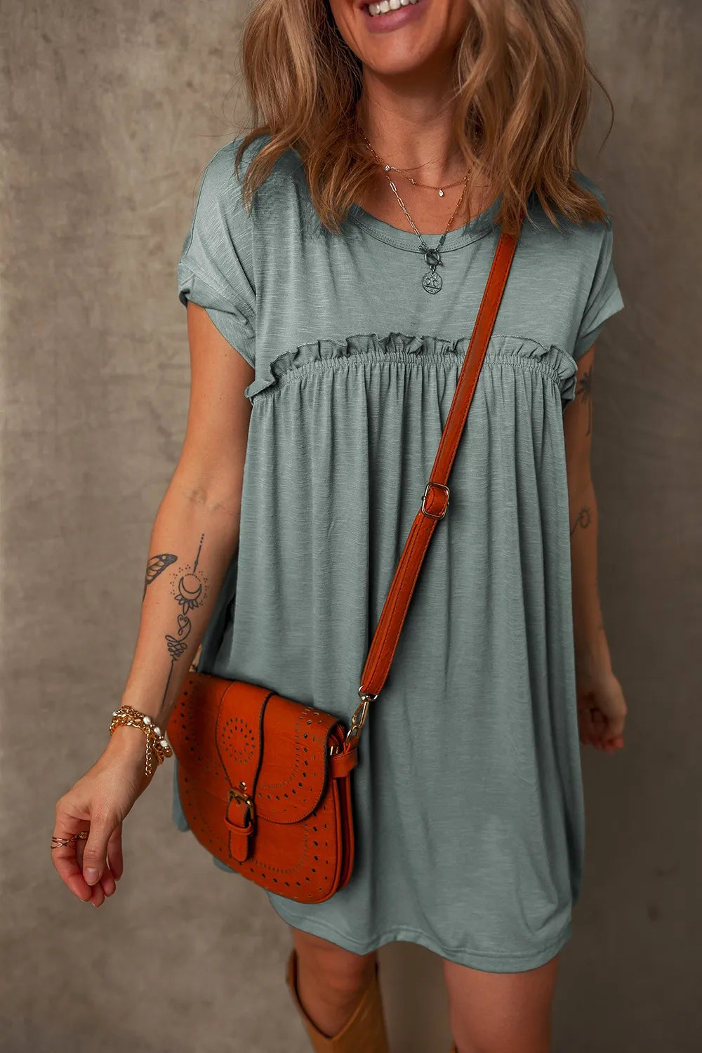 Frilled Round Neck T-Shirt Dress in Sage