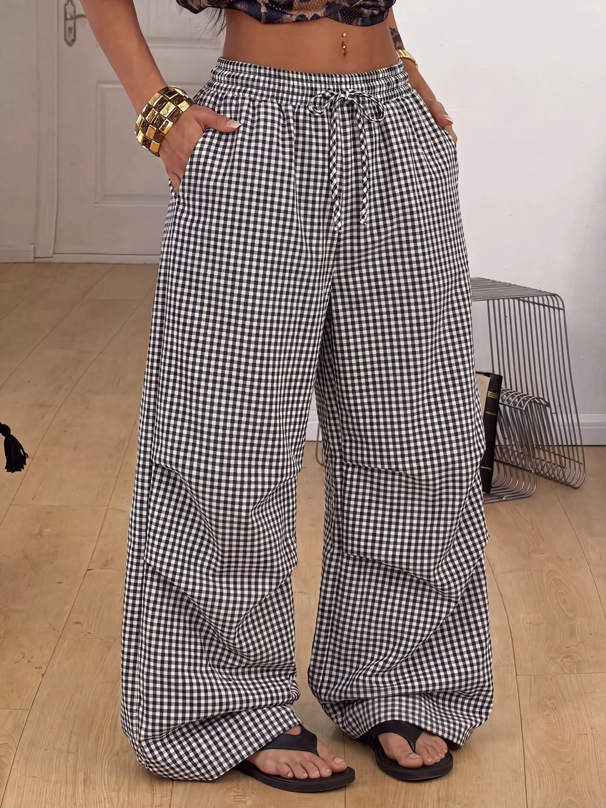 High-Waisted Gingham Drawstring Wide-Leg Pants