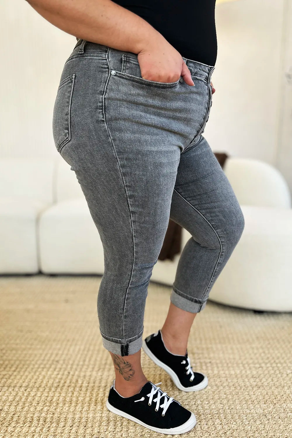 Judy Blue Button Fly High Waist Cuffed Capris in Gray
