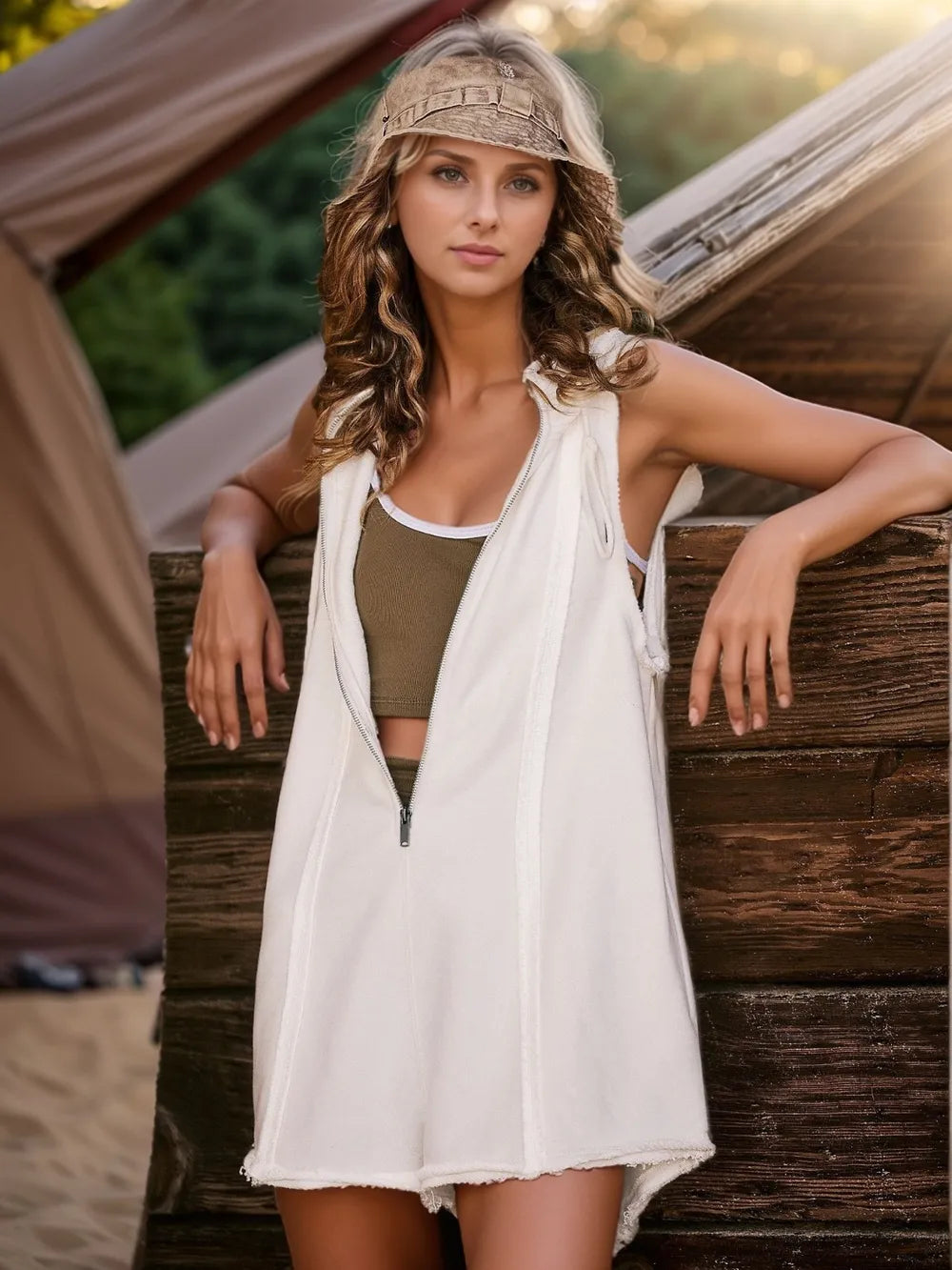 Half-Zip Hooded Sleeveless Romper
