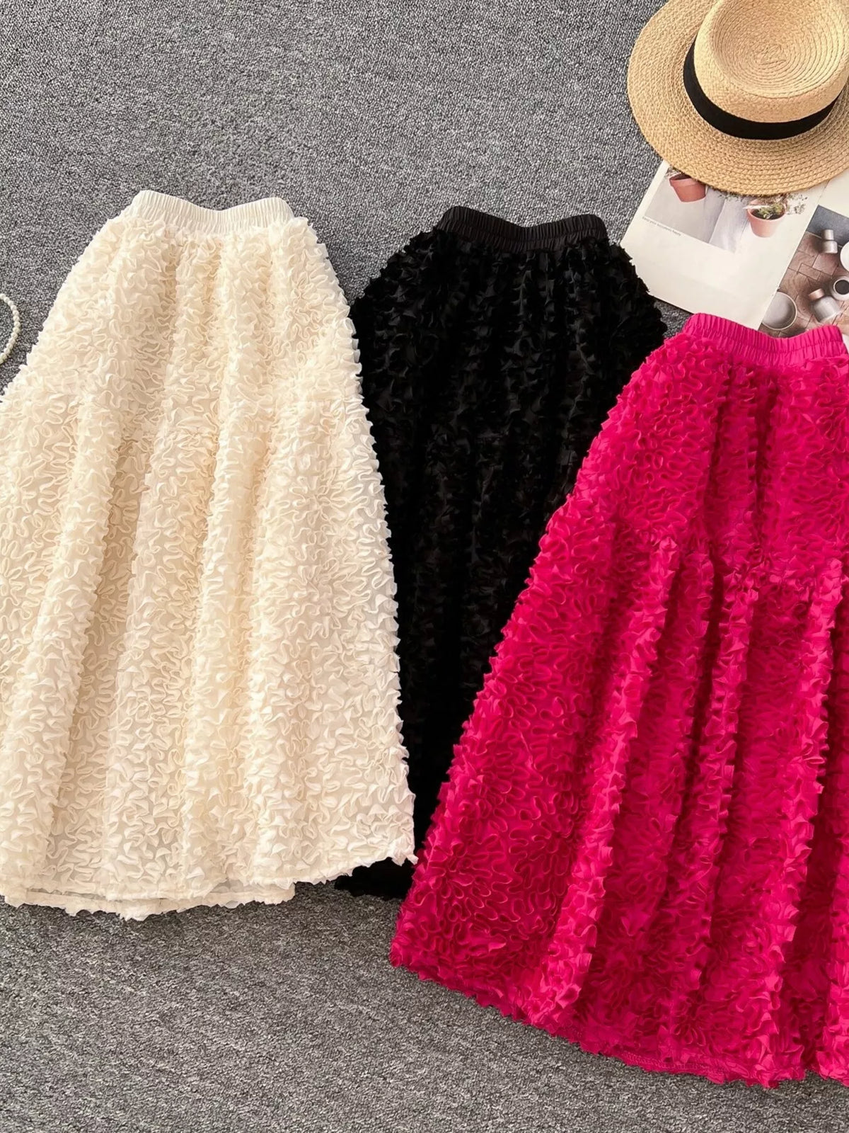 3D Lace Trim High-Waist A-Line Midi Skirt