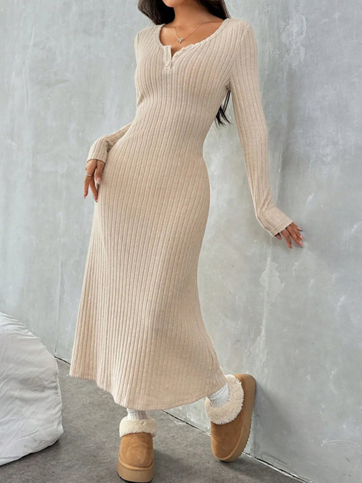 Ribbed Long Sleeve Knit Dress in Off-White by Sara Roman
