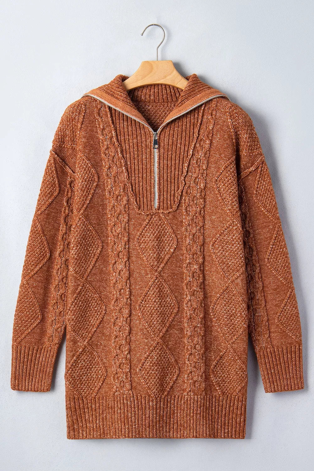 Zip-Up Cable Knit Drop Shoulder Sweater Dress in Caramel