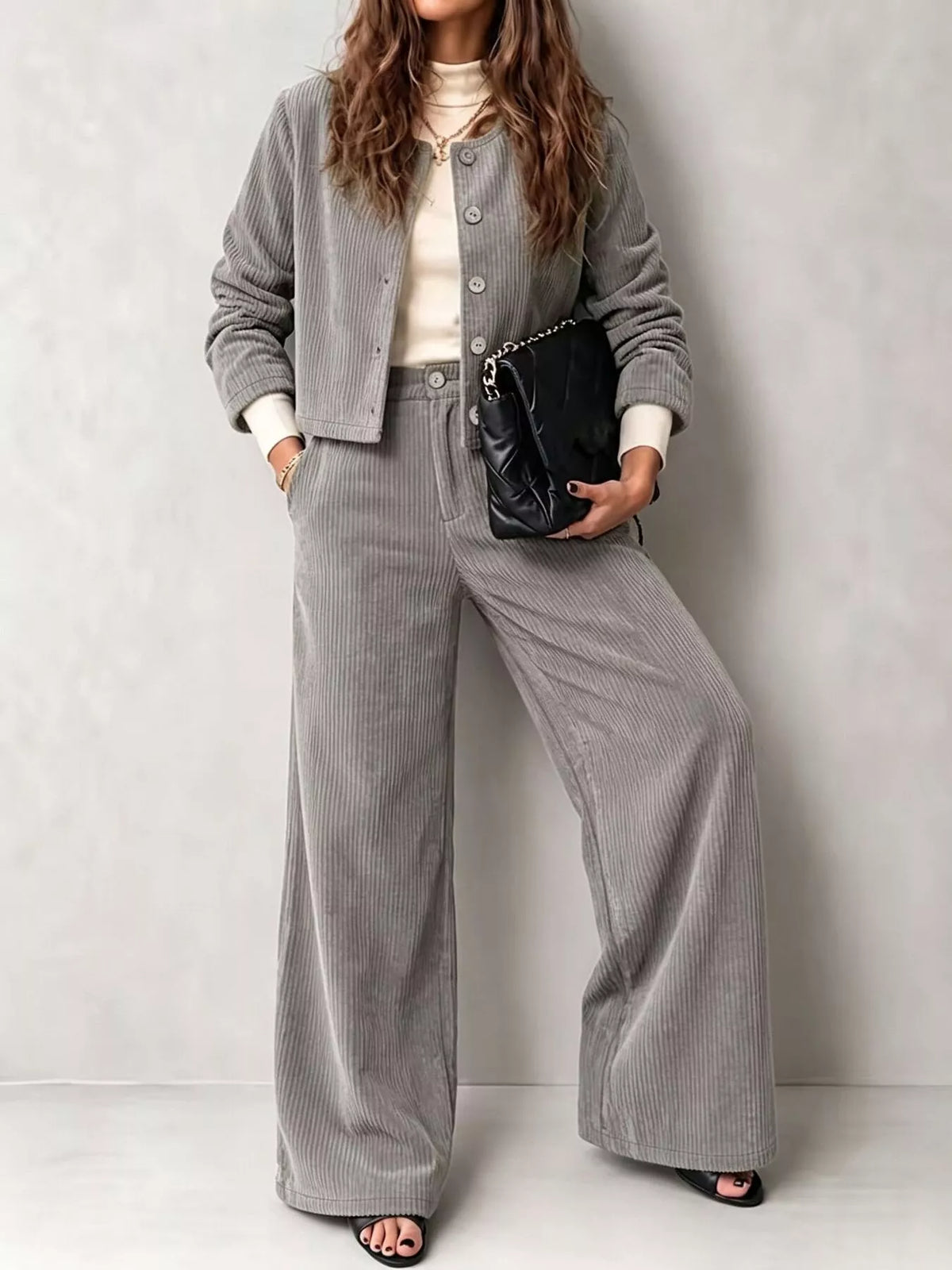 Corduroy Button-Down Jacket and Wide-Leg Pants Set