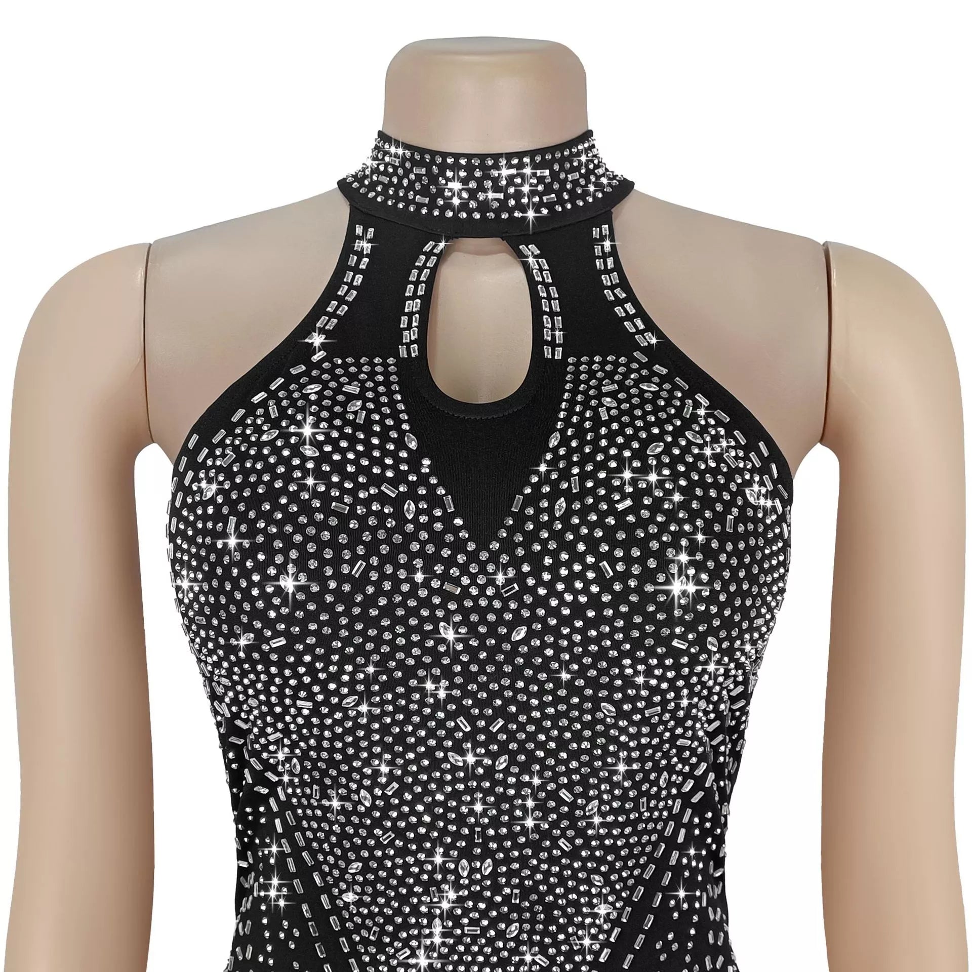 Sparkling Rhinestone Cutout Jumpsuit in Black